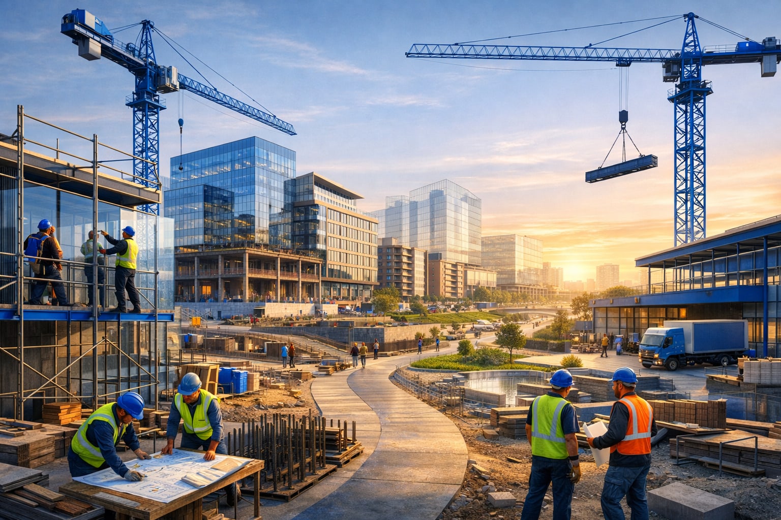 An active mixed-use development under construction around new public spaces and infrastructure.